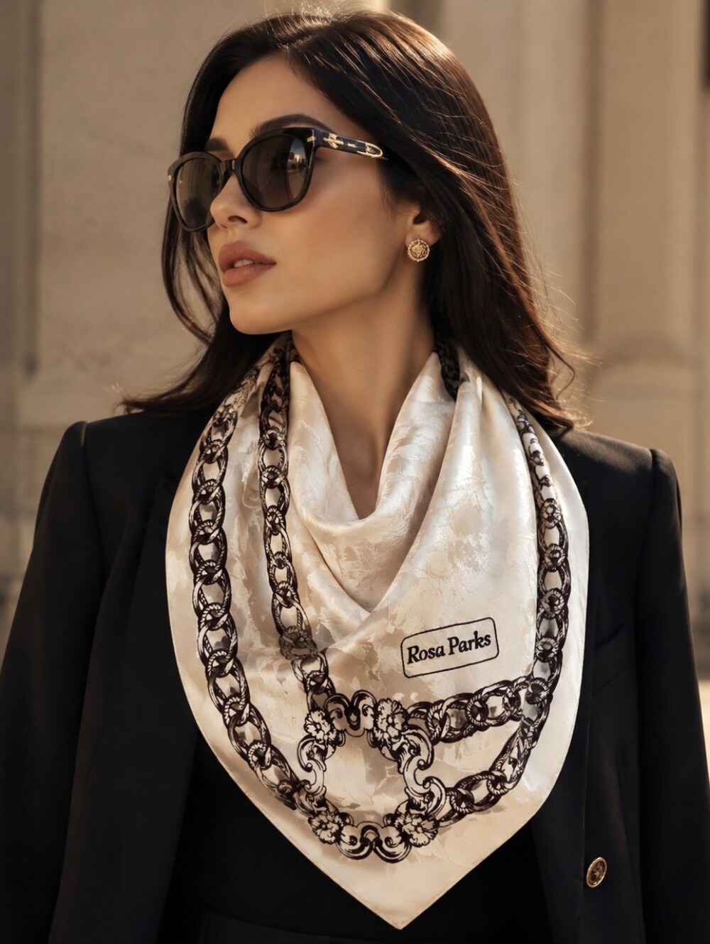 NEWOT ROSA PARKS🐞Abstract Cream Satin Neck Scarf with Brown Chain Print